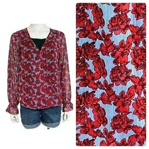 Hayden Los Angeles Blue Red Floral Long Sleeve Ruffle Blouse Size Medium